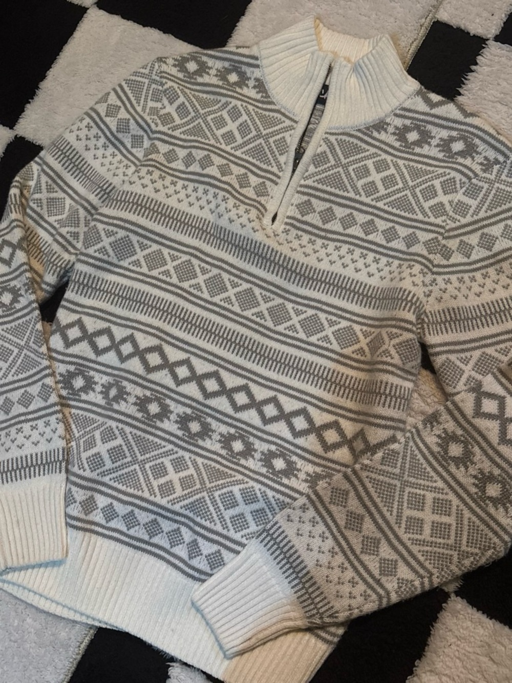 Men's white & Gray Half-Zip Fair Isle Sweater